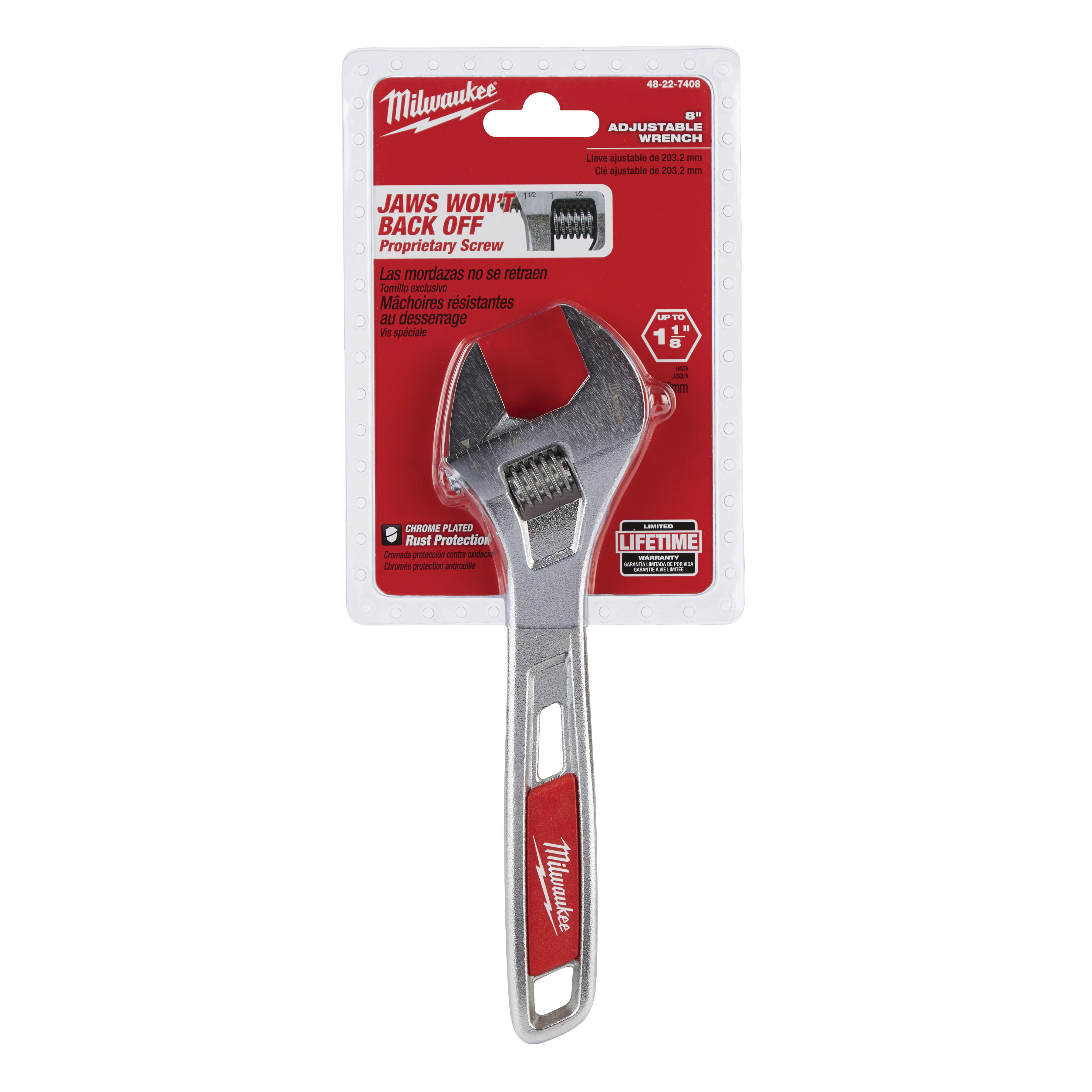 48-22-7408 Adjustable Wrench, 8 in OAL, 1-1/8 in Jaw, Steel, Chrome, Ergonomic Handle