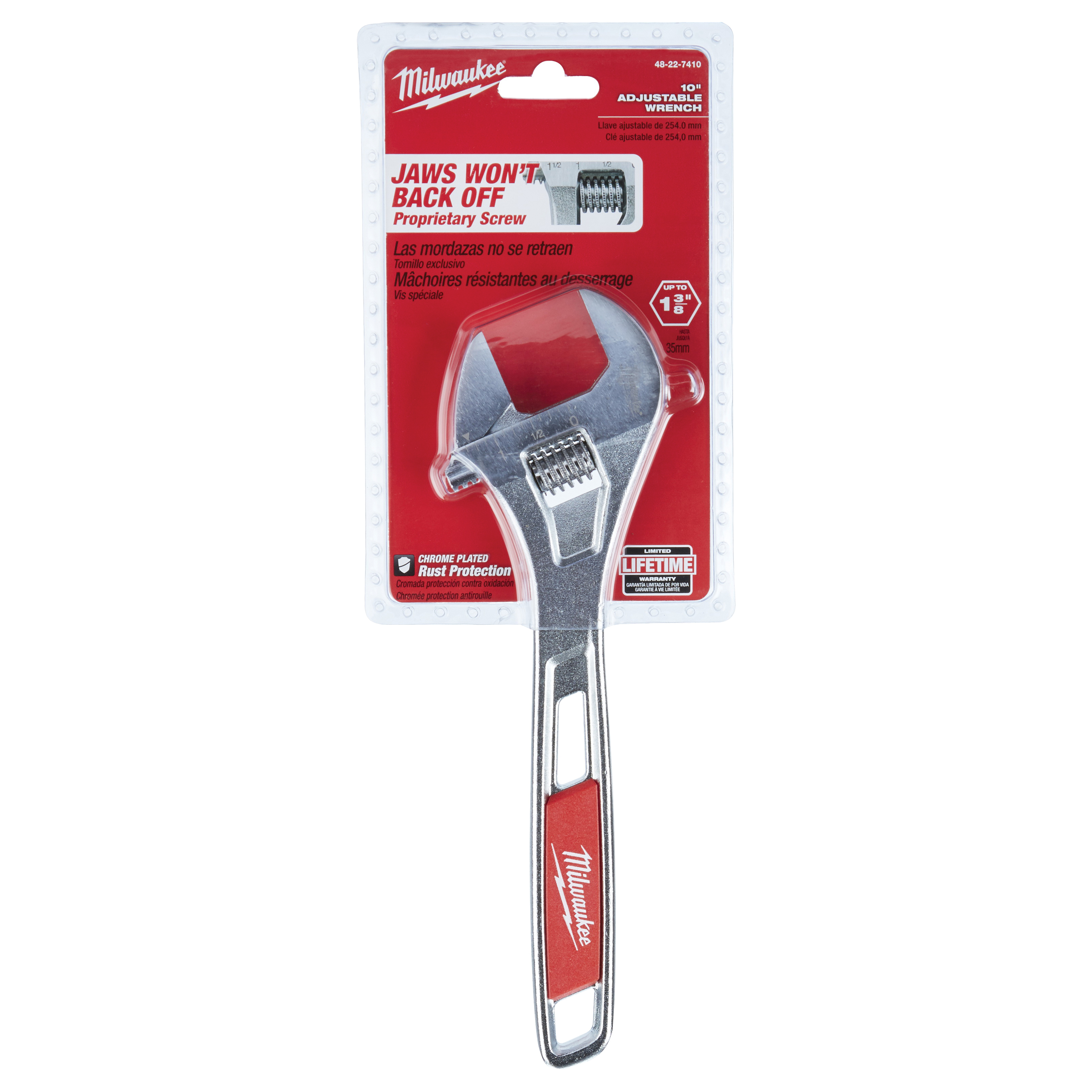 48-22-7410 Adjustable Wrench, 10 in OAL, 1-3/8 in Jaw, Steel, Chrome, Ergonomic Handle