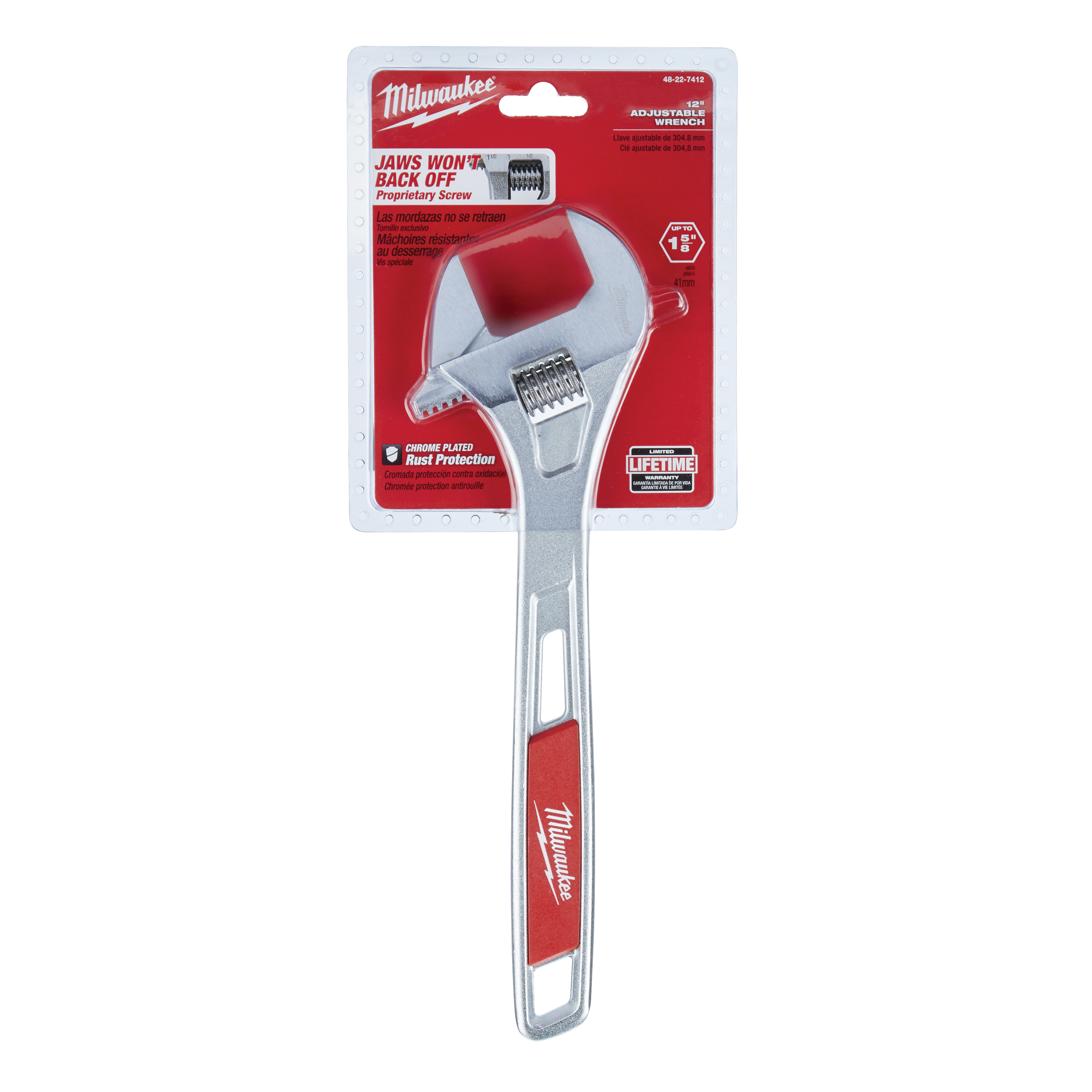 48-22-7412 Adjustable Wrench, 12 in OAL, 1-5/8 in Jaw, Steel, Chrome, Ergonomic Handle