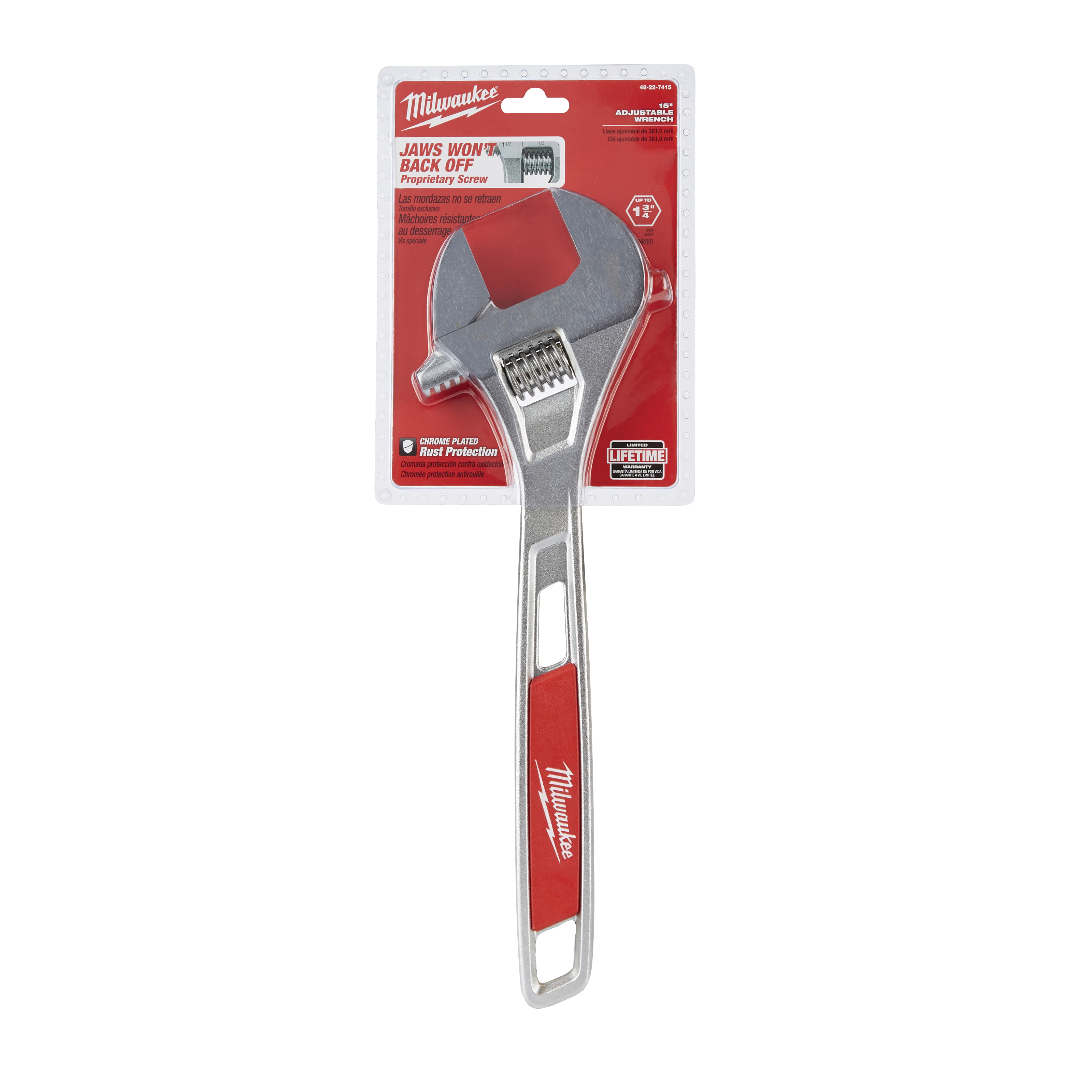 48-22-7415 Adjustable Wrench, 15 in OAL, 1-3/4 in Jaw, Steel, Chrome, Ergonomic Handle