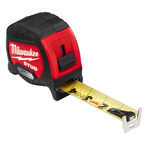 Milwaukee STUD 48-22-9725M Tape Measure, 25 ft L Blade, 1-5/16 in W Blade, Steel Blade, ABS Case, Black/Red Case - 2
