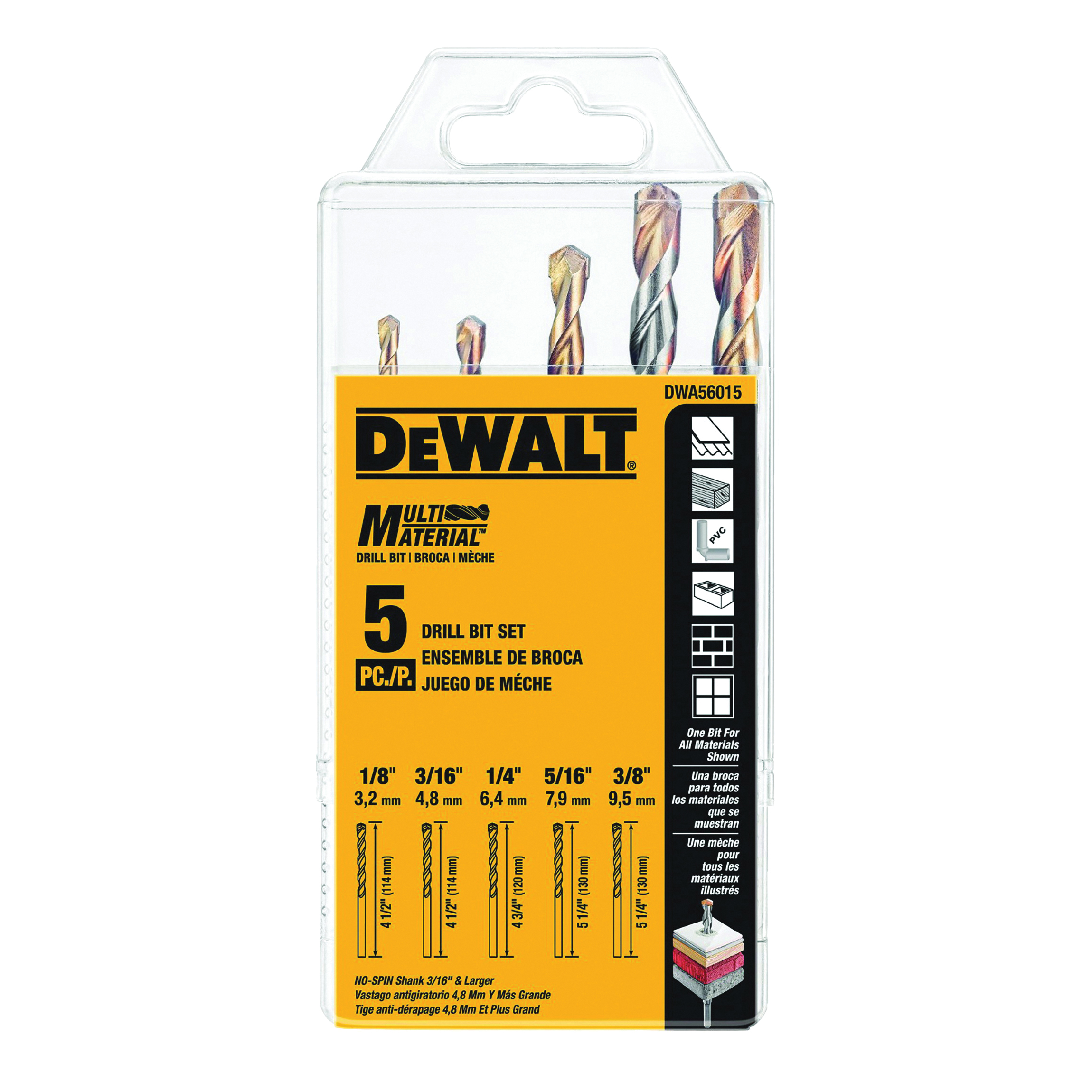 DWA56015 Drill Bit Set, Multi-Material, 5-Piece, Carbide