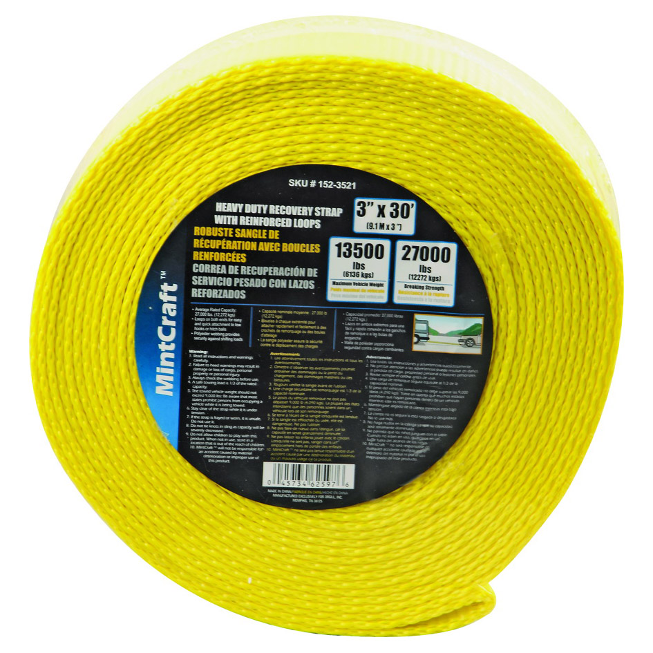 FH64064 Recovery Strap, 27,000 lb, 3 in W, 30 ft L, Polyester, Yellow