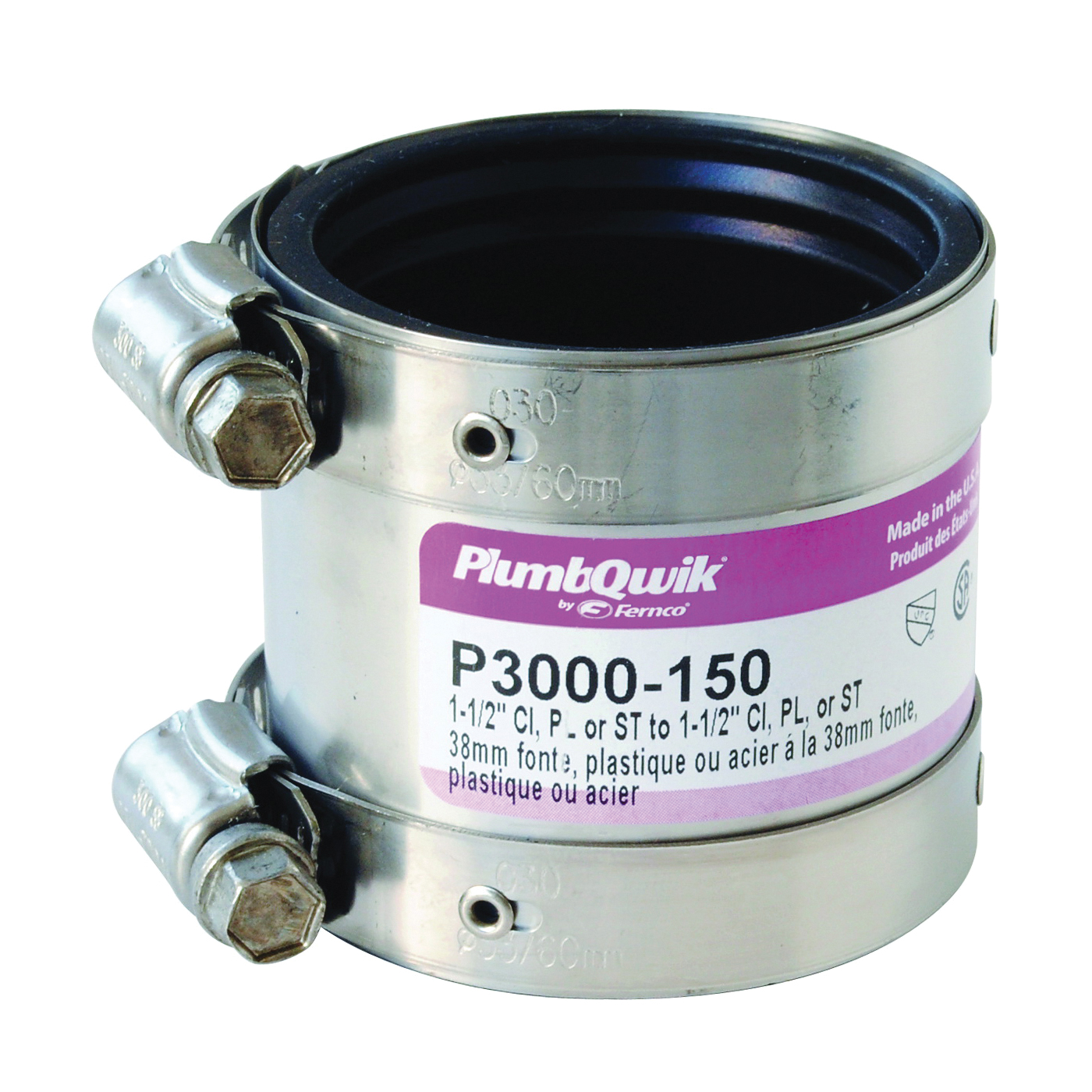 Fernco P3000-150 Transition Coupling, 1-1/2 in, PVC, SCH 40 Schedule, 4.3 psi Pressure