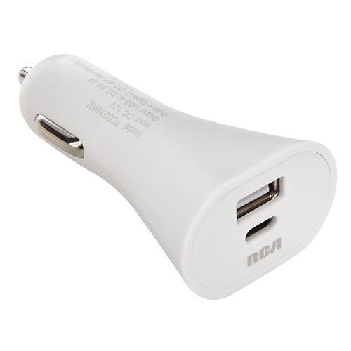 TCD233WZ USB/Type-C Car Charger, 12 V Input, 3.4 A Charge, White