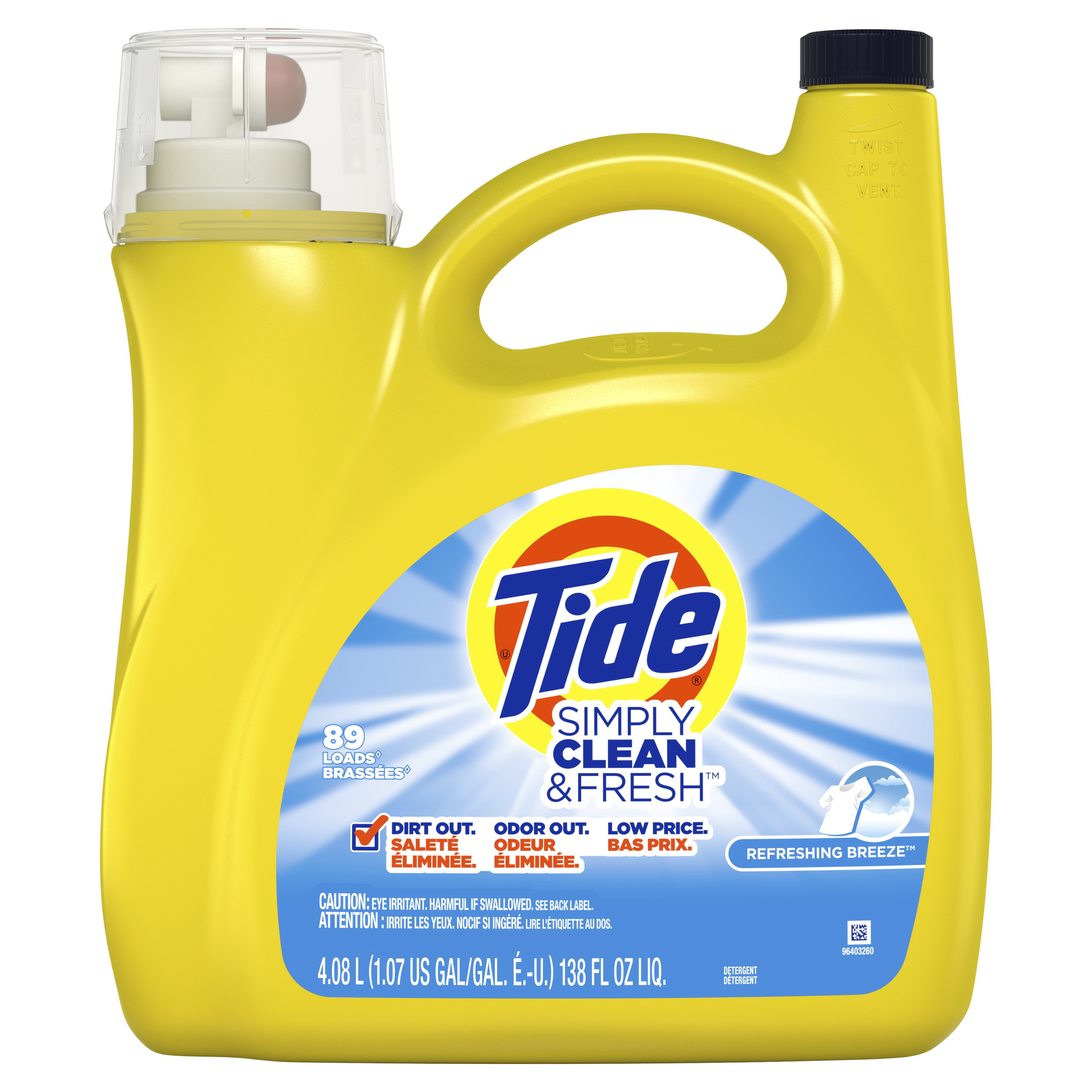 Tide 89131 Laundry Detergent, 138 oz, Liquid, Refreshing Breeze
