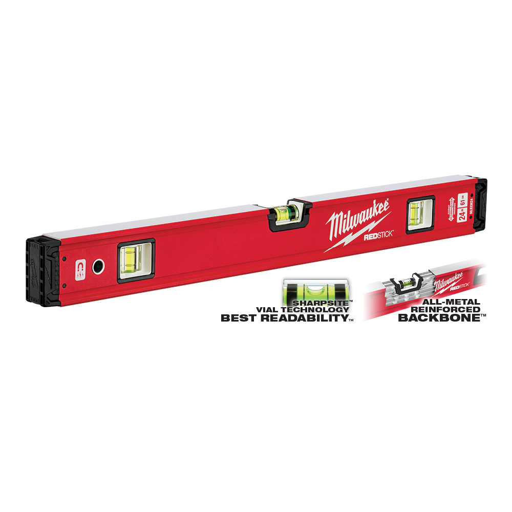 REDSTICK Series MLBXM24 Magnetic Box Level, 24 in L, 3-Vial, 1-Hang Hole, Magnetic, Aluminum, Red
