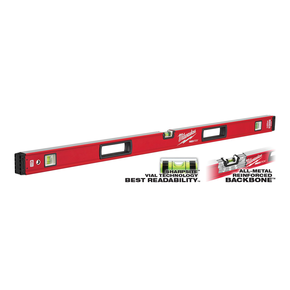 REDSTICK Series MLBXM48 Magnetic Box Level, 48 in L, 3-Vial, 1-Hang Hole, Magnetic, Aluminum, Red