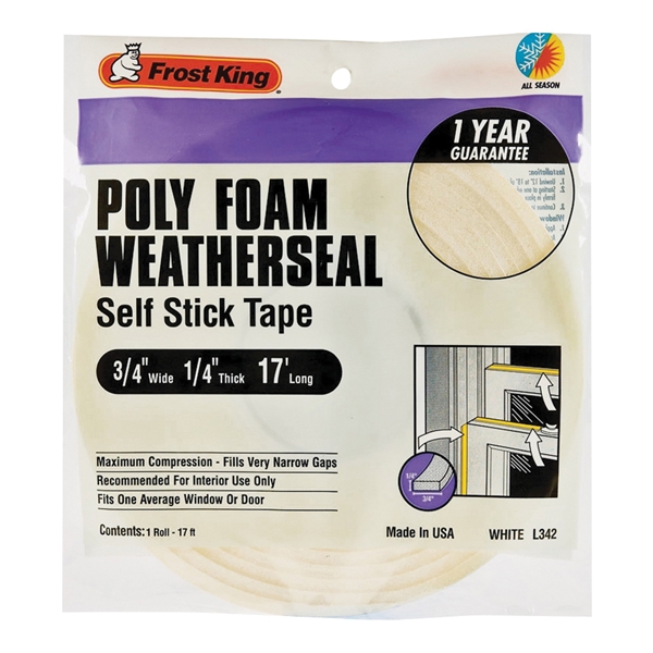 Frost King L342H Foam Tape, 3/4 in W, 17 ft L, 1/4 in Thick, Polyfoam, White - 3