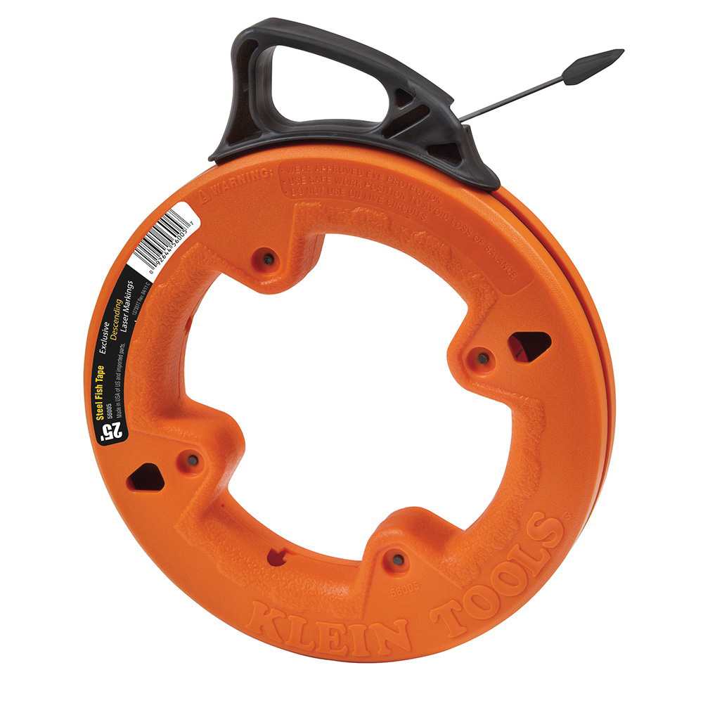 Klein Tools 56005 Fish Tape, 0.25 x 0.03 in Tape, 25 ft L Tape, Steel Tape, Black/Orange Case