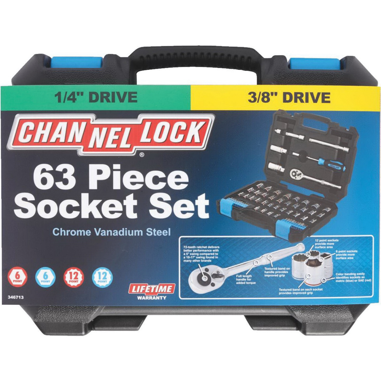 Channellock 346713 Series Combo Socket Set, Includes: Fully Polished 3/8 in Drive, Vanadium Steel, Chrome