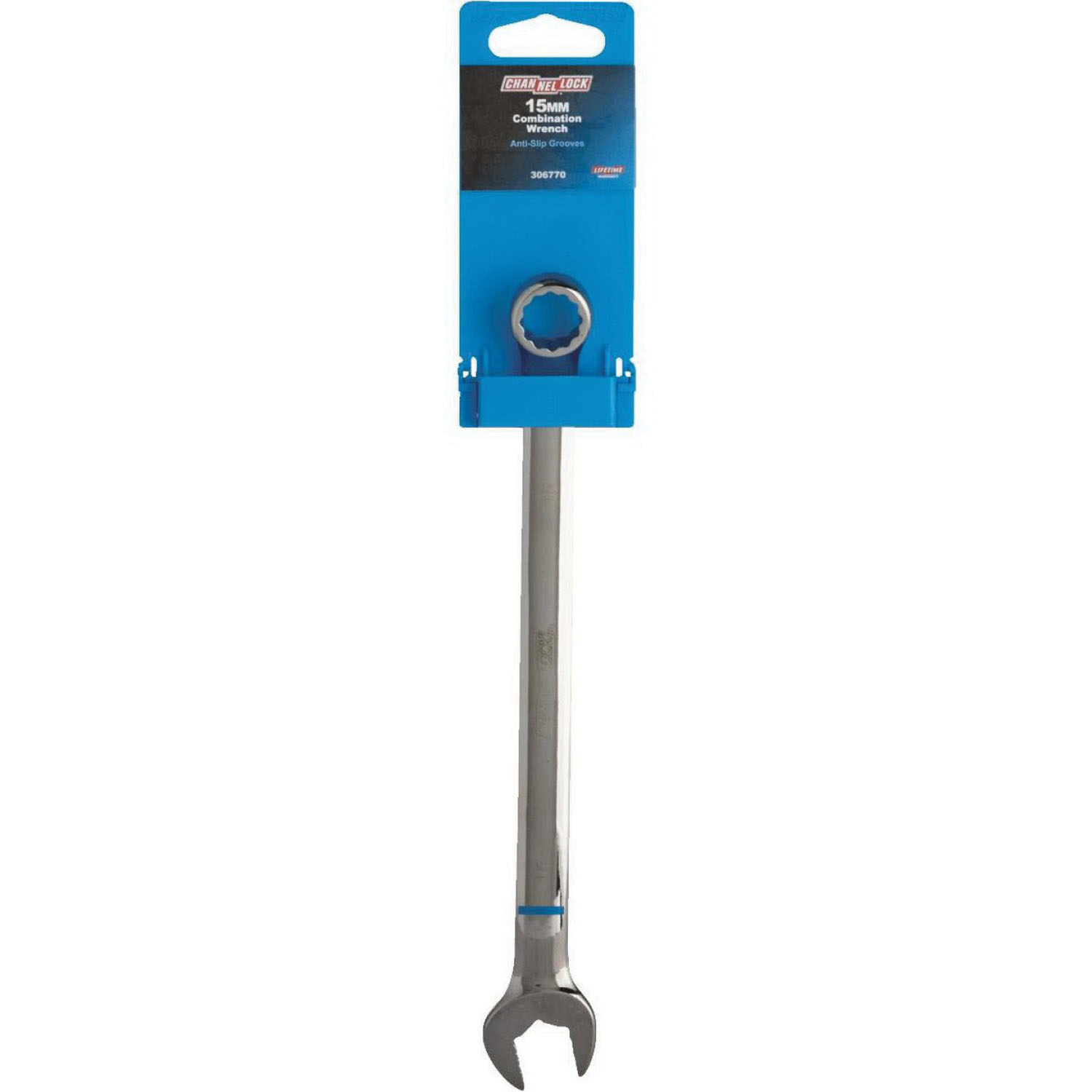Channellock 306770 Combination Wrench, Metric, 15 mm Head, 9-5/16 in L, 12-Point, Vanadium Steel, Chrome