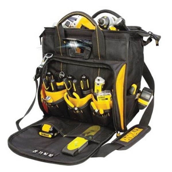 DGL573 Lighted Tool Bag, 13 in W, 7 in D, 14 in H, 41-Pocket, Polyester, Black/Yellow