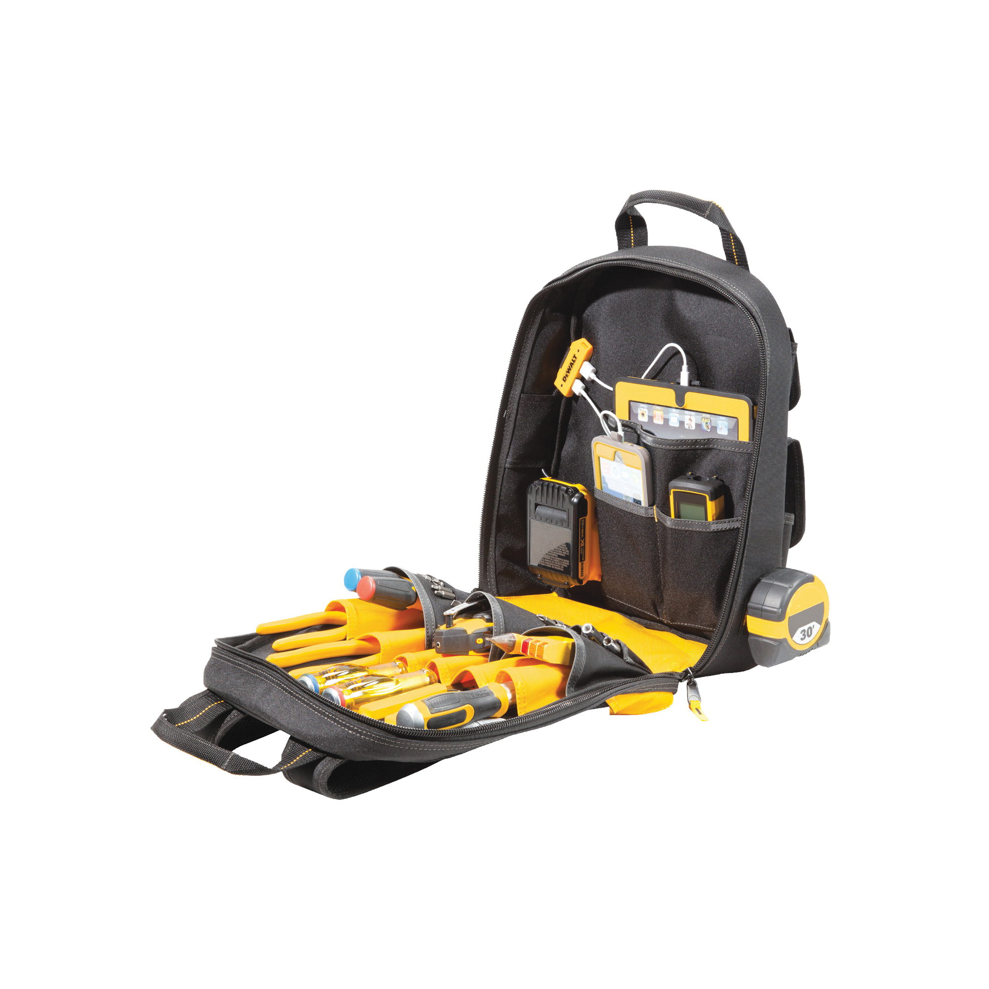DGC530 Tool Backpack with USB Charging, 13 in W, 5-1/2 in D, 16 in H, 23-Pocket, Polyester, Black/Yellow