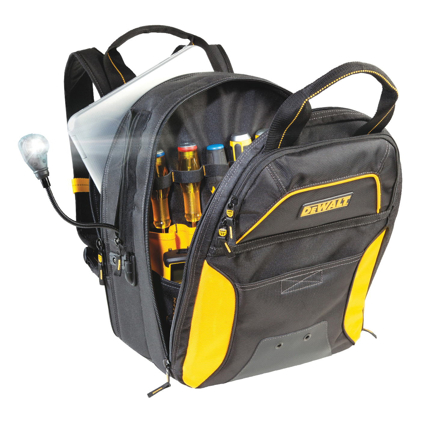 DGCL33 Tool Backpack with Lighted USB Charging, 13 in W, 10-1/4 in D, 17 in H, 33-Pocket, Polyester, Black/Yellow