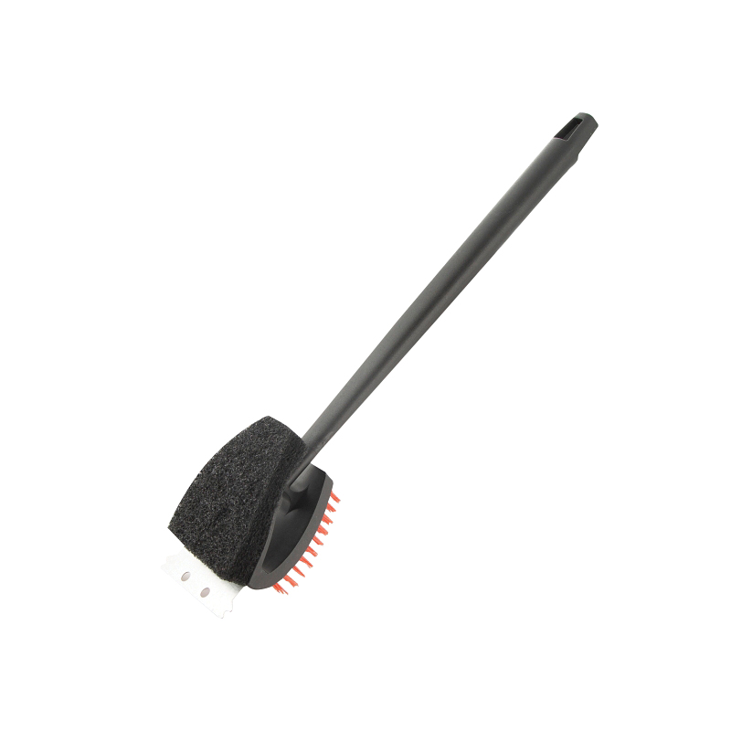 BBQ1006 Grill Brush with Scraper, 3-1/8 in L Brush, 3 in W Brush, Nylon Bristle, Red Bristle, 3-1/2 in L Trim