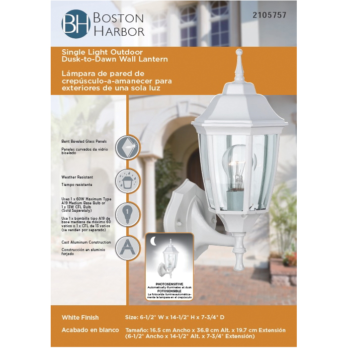 Boston Harbor DTDW Dusk/Dawn Lantern, 60 W, Medium Base Bulb or CFL Bulb(Sold Separately) Lamp, Aluminum Fixture - 2