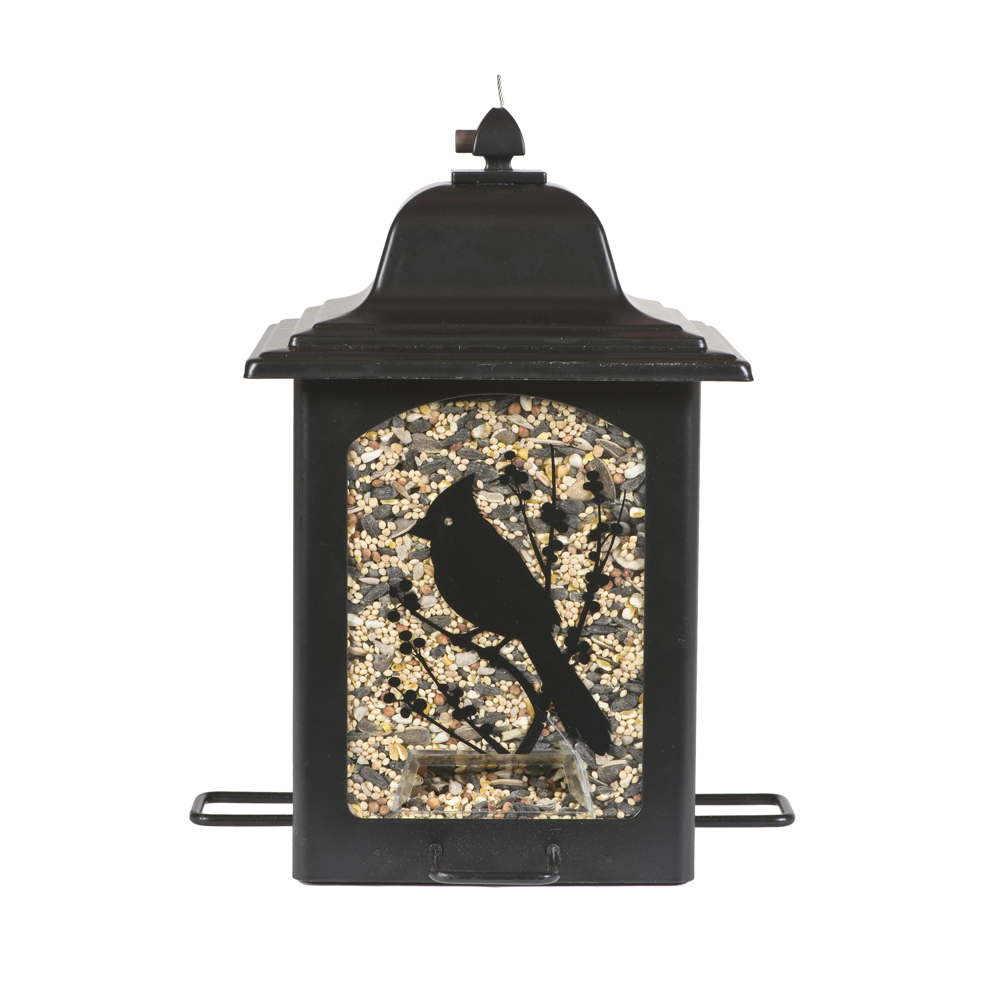 Perky-Pet 363 Lantern Bird Feeder, Screen-Printed Birds and Berries, 3 lb, 4 -Port/Perch, Black, Hook Mounting - 1