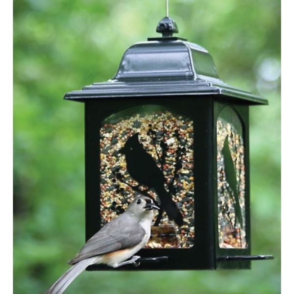 Perky-Pet 363 Lantern Bird Feeder, Screen-Printed Birds and Berries, 3 lb, 4 -Port/Perch, Black, Hook Mounting - 3