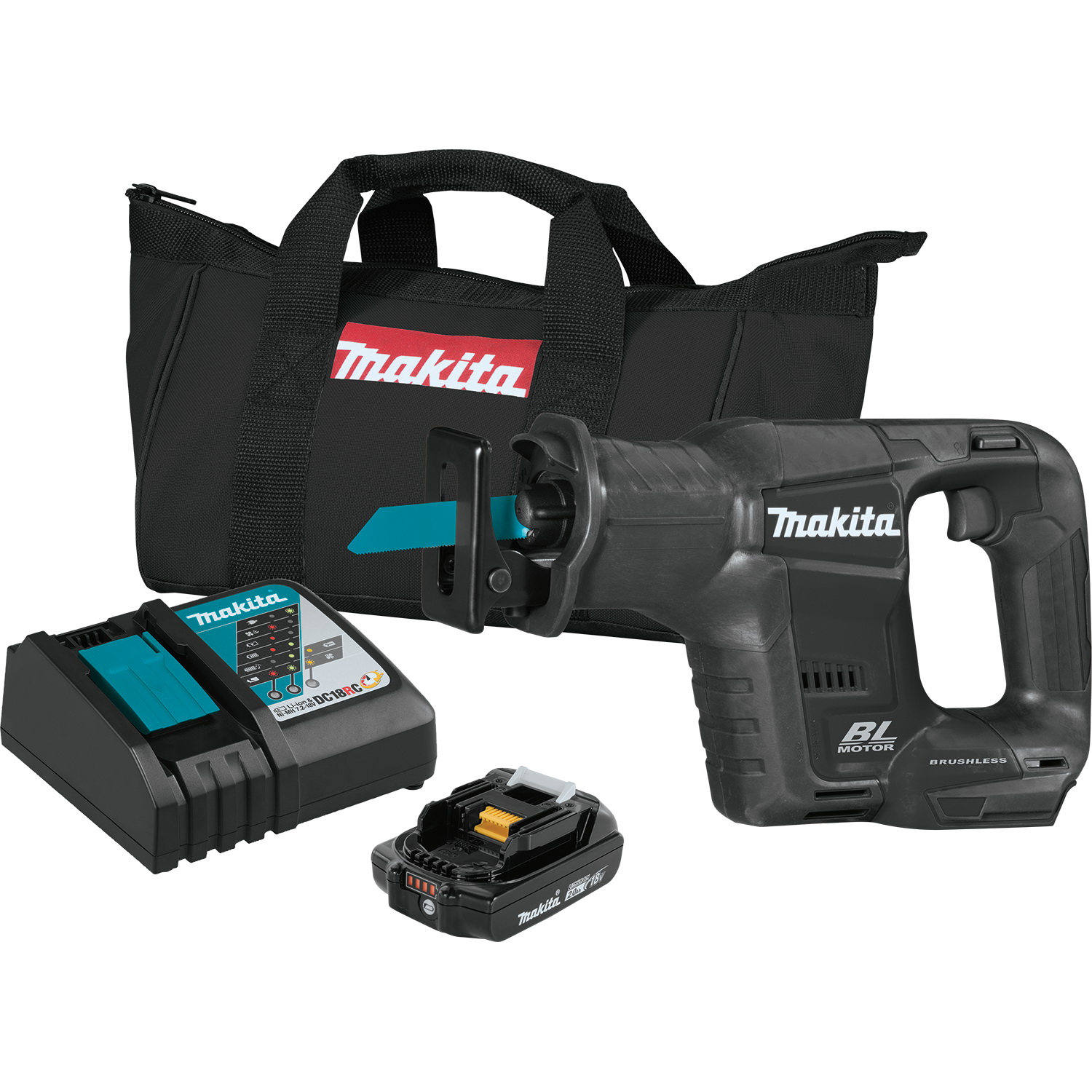 Makita XRJ07R1B Reciprocating Saw Kit, Battery Included, 18 V, 2 Ah, 5-1/8 in Pipe, 10 in Wood Cutting Capacity - 6