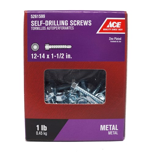 ACE 46185ACE Screw, #12-14 Thread, 1-1/2 in L, Washer Head, Hex Drive, Drill Point, Steel, Zinc, 1 lb - 2