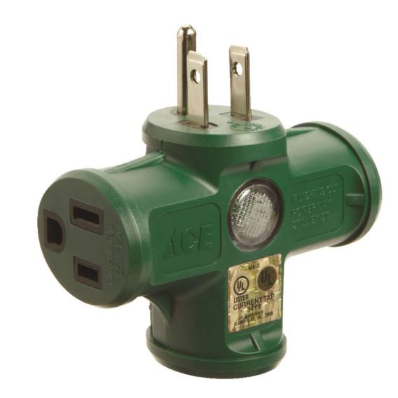 ACE FA-848E/05BU Outlet Adapter, 2-Pole, 15 A, 125 V, 3-Outlet, NEMA: 5-15P, Green