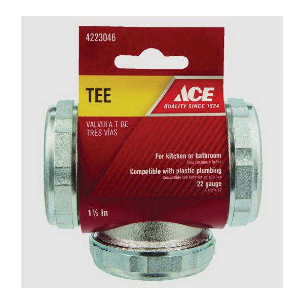 ACE ACE136 3-Way Tee, Brass, Chrome, Specifications: 22 ga Material, Slip Joint Connection - 2
