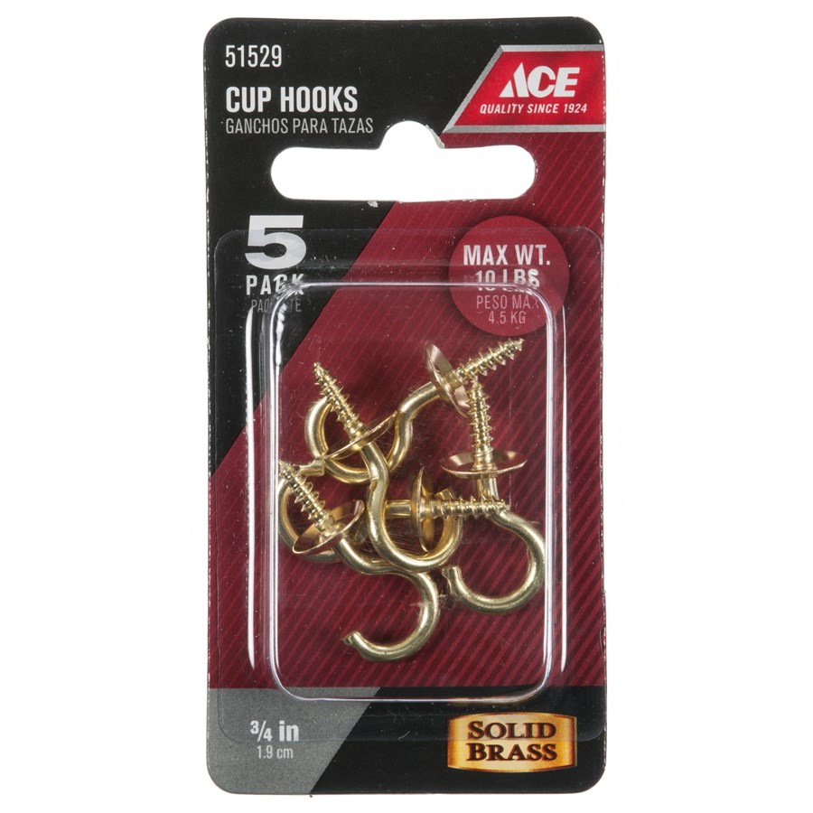 ACE 01-3477-470 Cup Hook, 7/64 in Thread, 1-1/8 in L, Brass, Polished Brass - 2