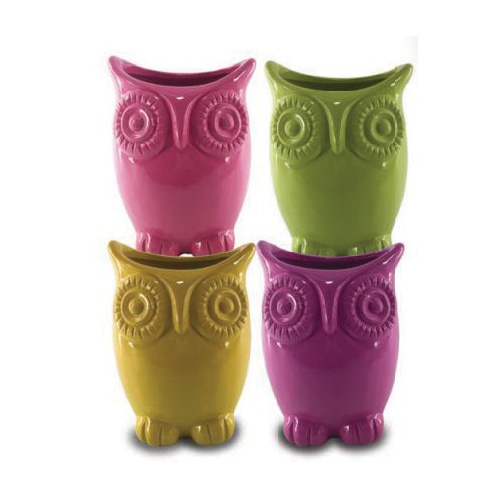 Ceramo OWL-ASST Planter Pot, 10 in H, 6-3/4 in W, 7-1/4 in D, Owl Design, Assorted, Glaze - 1