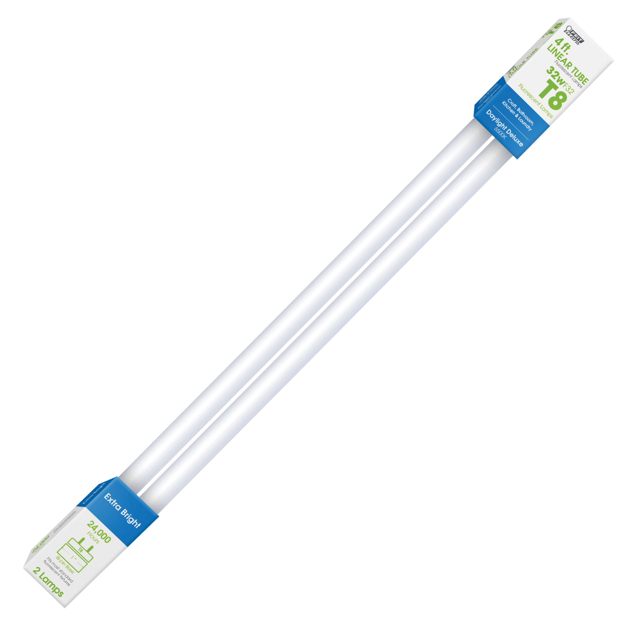 Feit Electric F32T8/965/2 Fluorescent Bulb, 32 W, G13 Lamp Base, 2600 Lumens, 6500 K Color Temp, Daylight Light