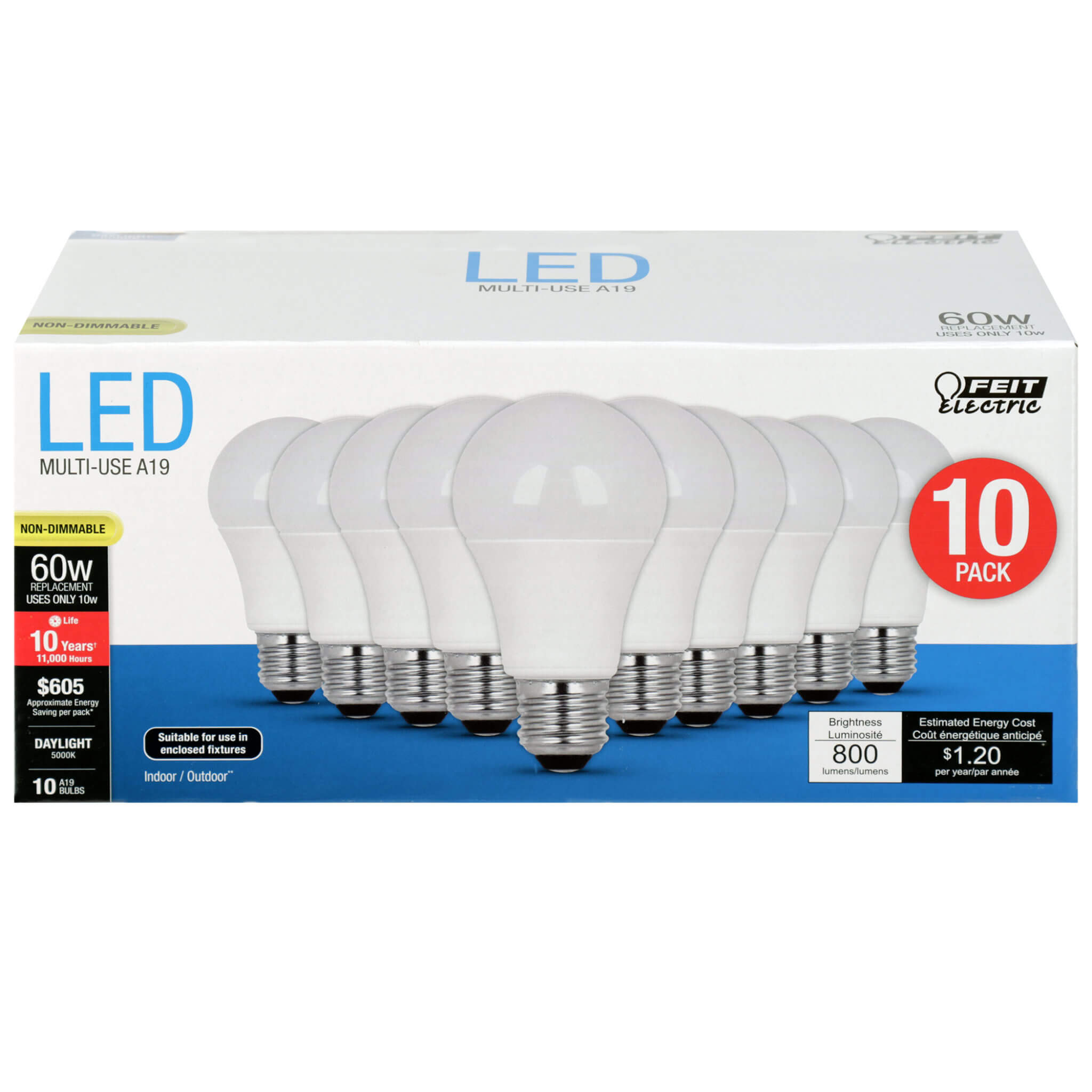 Feit Electric A800/850/10KLED/10 LED Bulb, General Purpose, A19 Lamp, 60 W Equivalent, E26 Lamp Base, Daylight Light