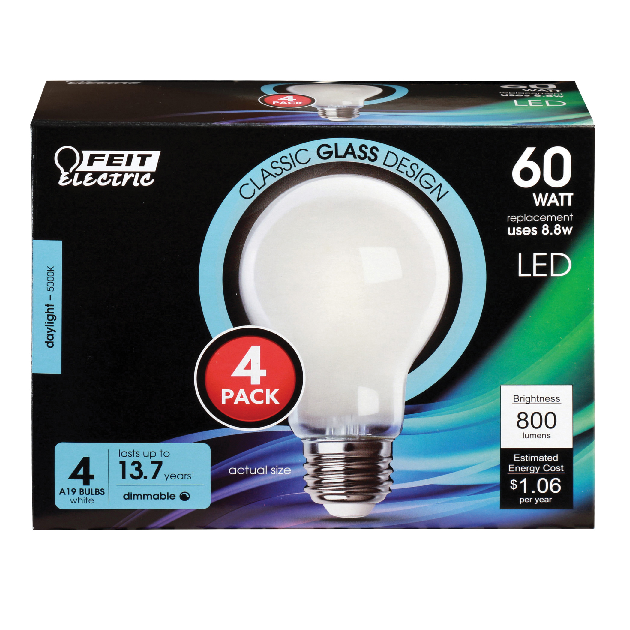 Feit Electric A1960/850/FIL/ LED Bulb, 120 V, 800 Lumens, 8.8 W, A19 Lamp, 60 W Equivalent, E26 Lamp Base - 2