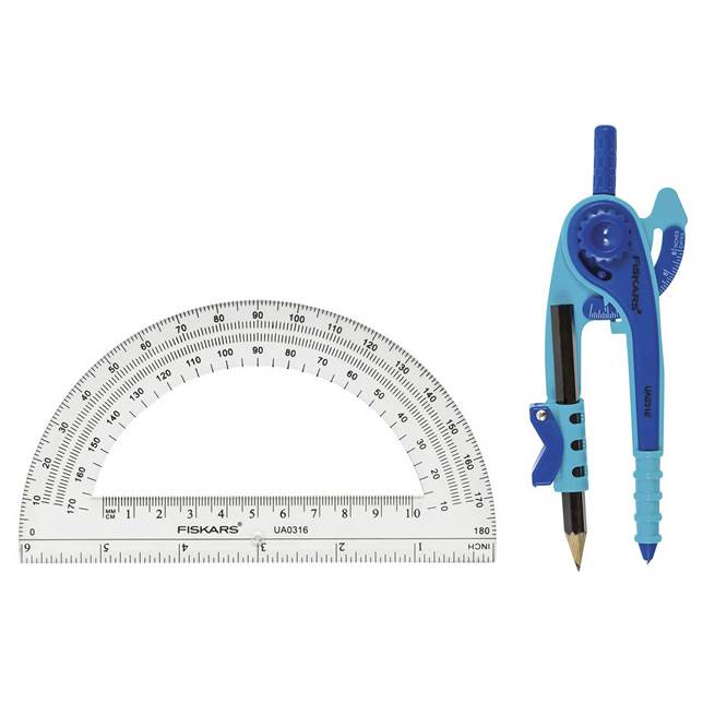 Fiskars 1565901001 Protractor and Compass Set, 12 in Circle, Plastic - 1