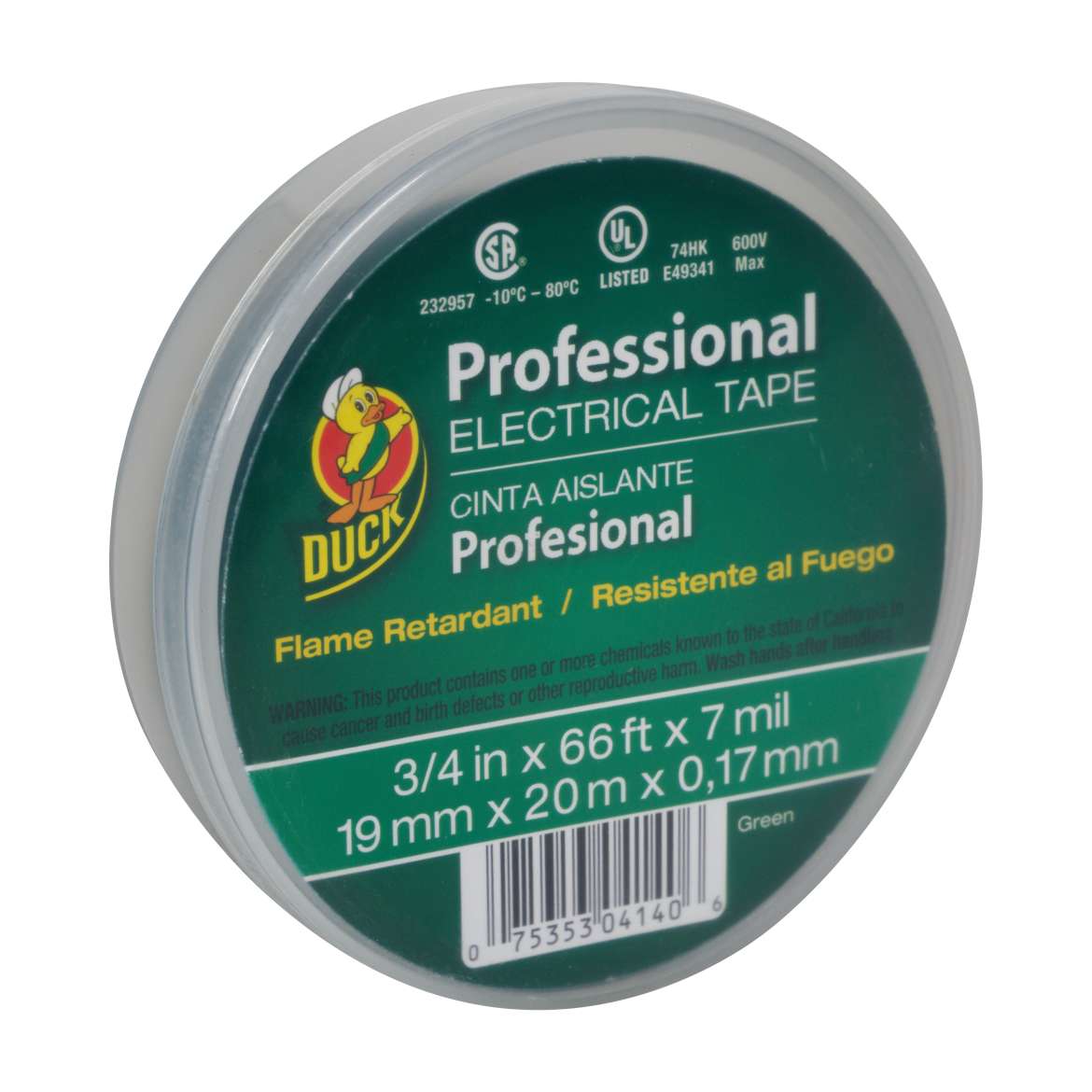 Duck 299014 Electrical Tape, 66 ft L, 3/4 in W, Vinyl Backing, Green