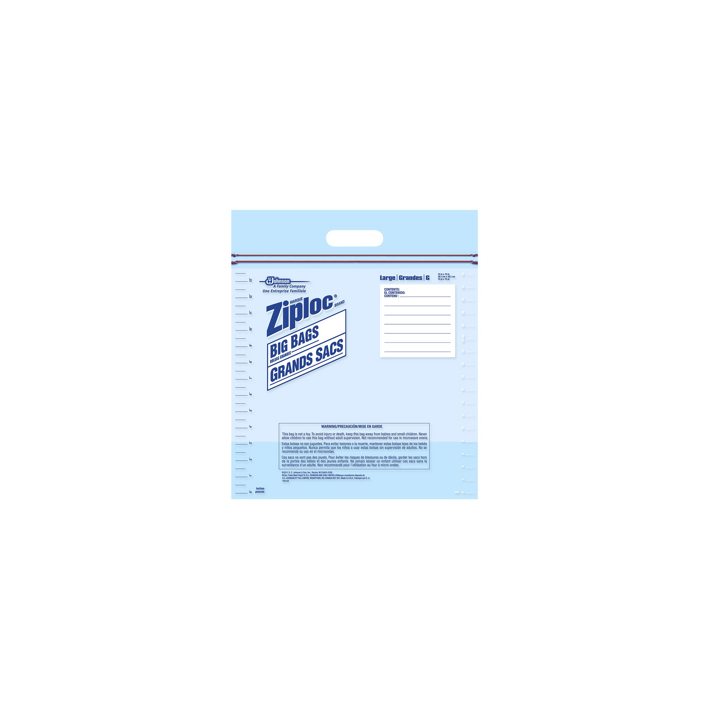 Ziploc 71592 Big Bag, 3 gal, Plastic, 15 in L, 15 in W