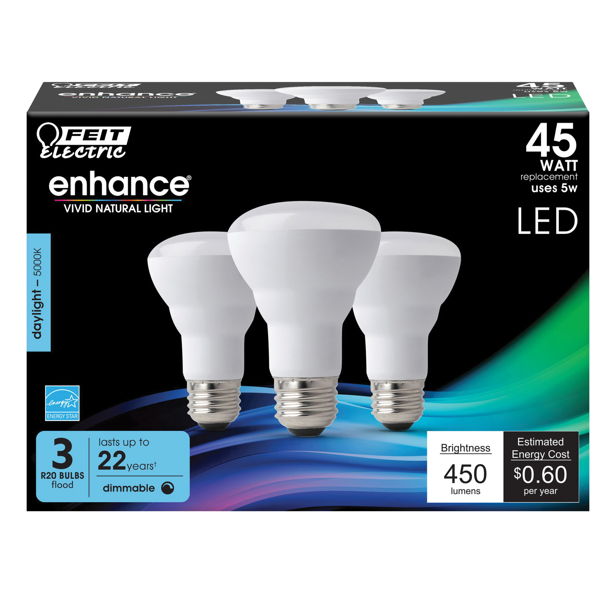 Feit Electric R20DM/950CA/3 LED Light Bulb, Flood, Spotlight, R20 Lamp, 45 W Equivalent, E26 Lamp Base, Dimmable