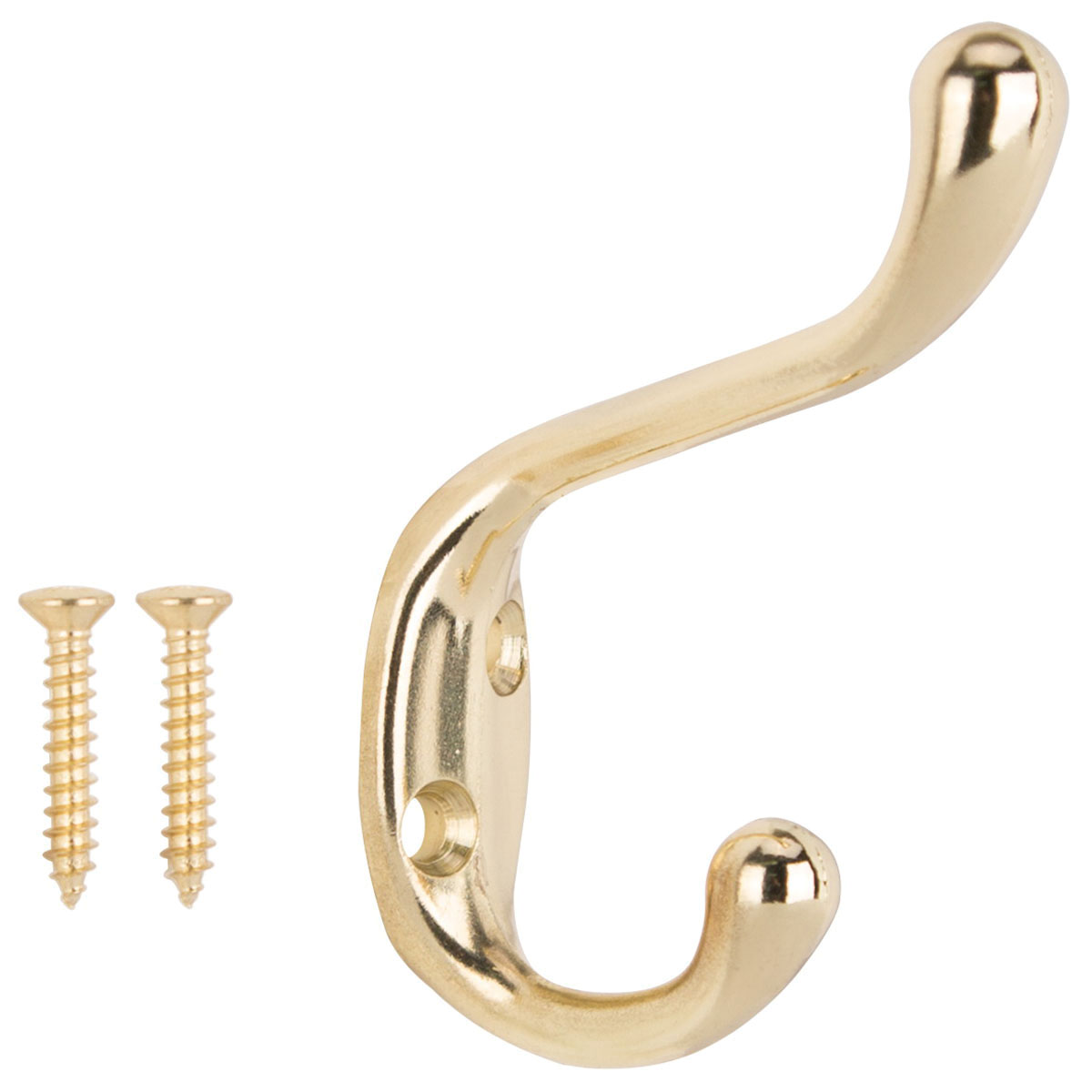 H6271007PB-PS Coat and Hat Hook, 22 lb, 2-Hook, 1-1/64 in Opening, Zinc, Polished Brass