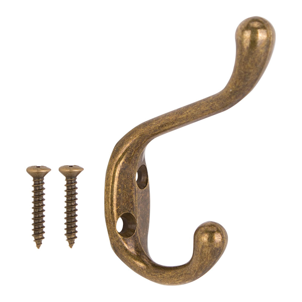 H6271007AB-PS Coat and Hat Hook, 22 lb, 2-Hook, 1-1/64 in Opening, Zinc, Antique Brass