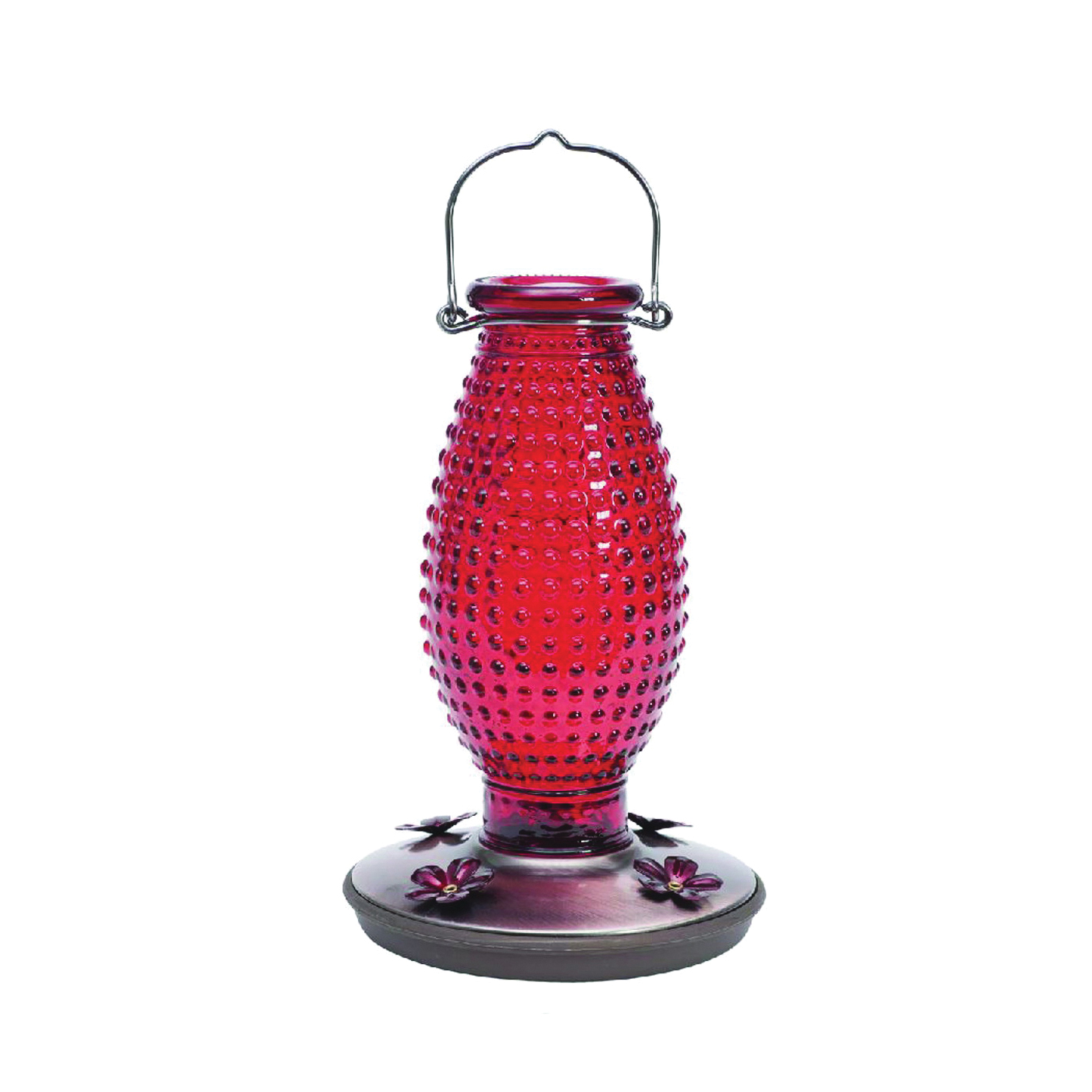 8130-2 Bird Feeder, Hobnail Vintage, 16 oz, 4-Port/Perch, Glass, Red, 8.63 in H