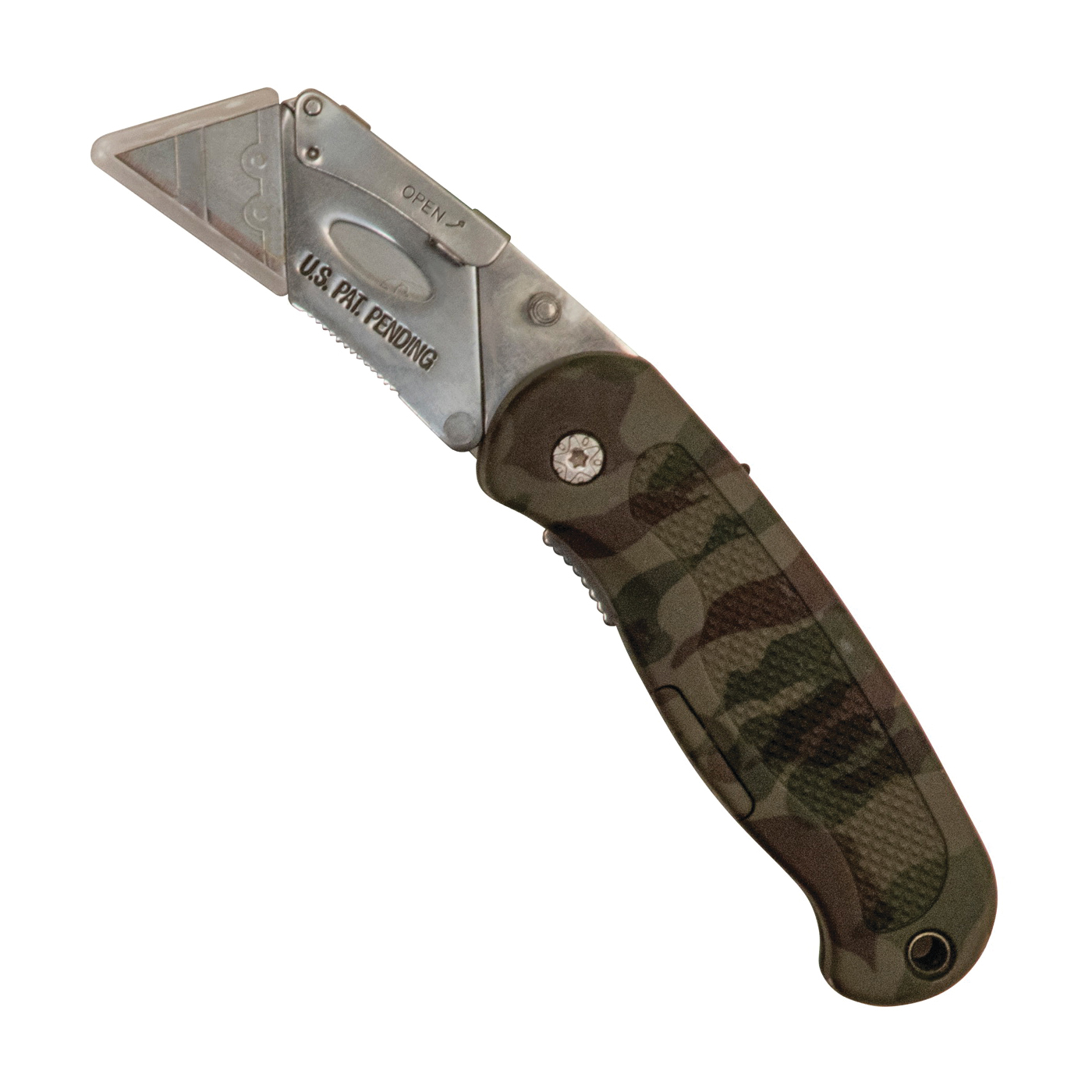 12131 Utility Knife, 2-1/2 in L Blade, Stainless Steel Blade, Curved Handle, Camouflage Handle
