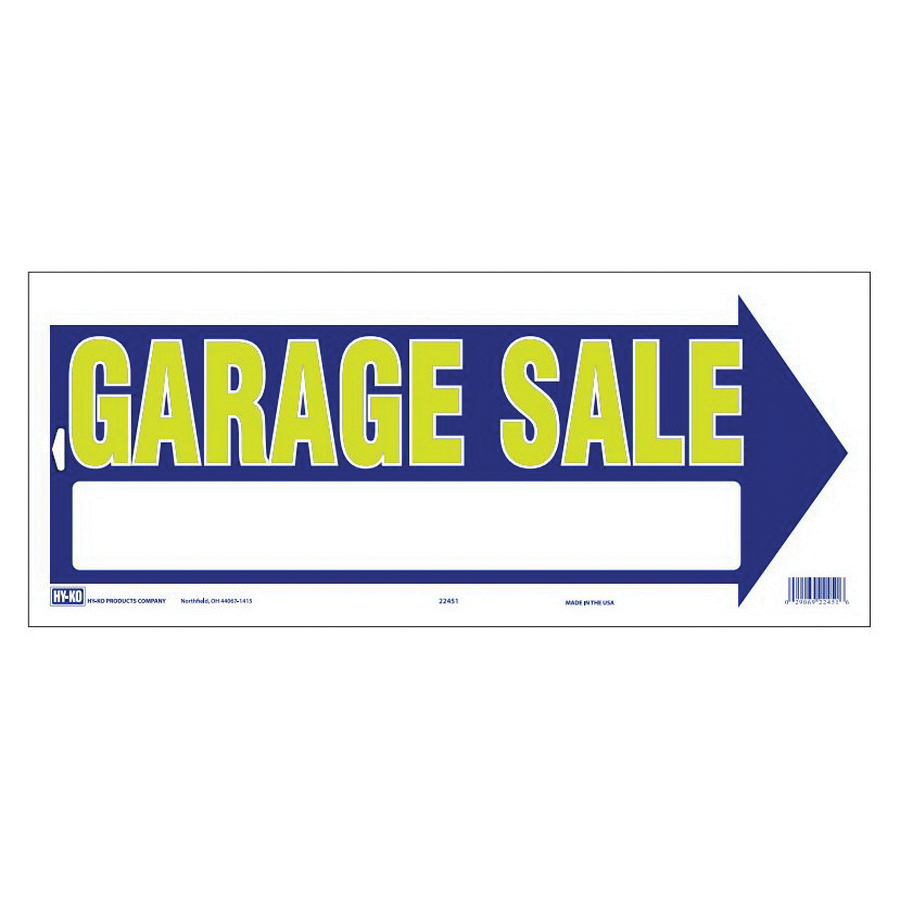 22451 Directional Sign, GARAGE SALE (Arrow), Yellow Legend, Blue Background, Plastic, 9 in H x 18 in W Dimensions