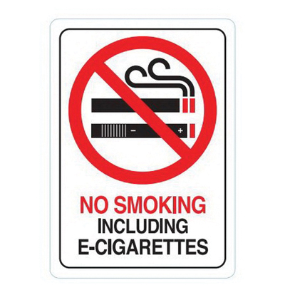 D-28 Deco Sign, NO SMOKING INCLUDING E-CIGARETTES, White Background, Plastic, 7 in H x 5 in W Dimensions