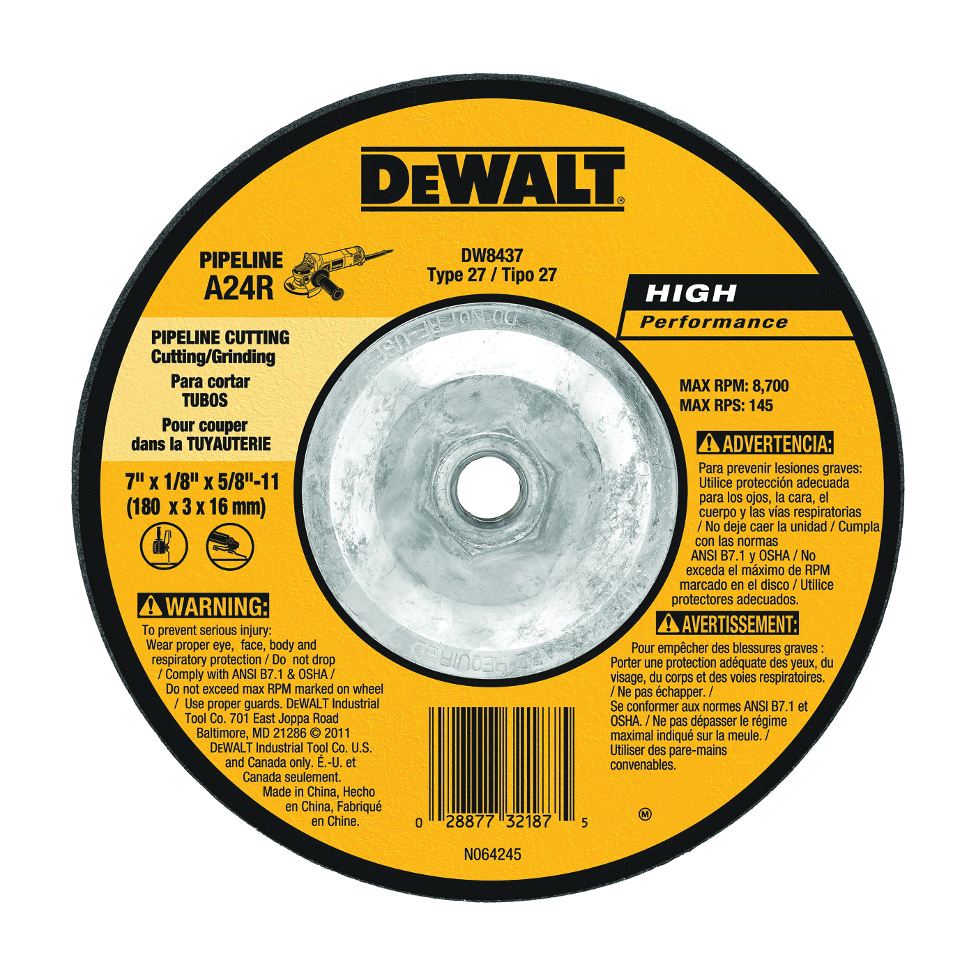 DeWALT DW8437 Grinding Wheel, 7 in Dia, 1/8 in Thick, 5/8-11 in Arbor, 24 Grit, Very Coarse