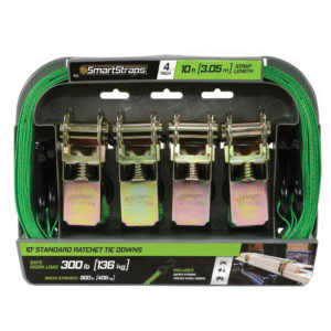 153 Tie-Down, Ratchet, 1 in W, 10 ft L, Steel, Green, 300 lb, S-Hook End Fitting, Steel End Fitting