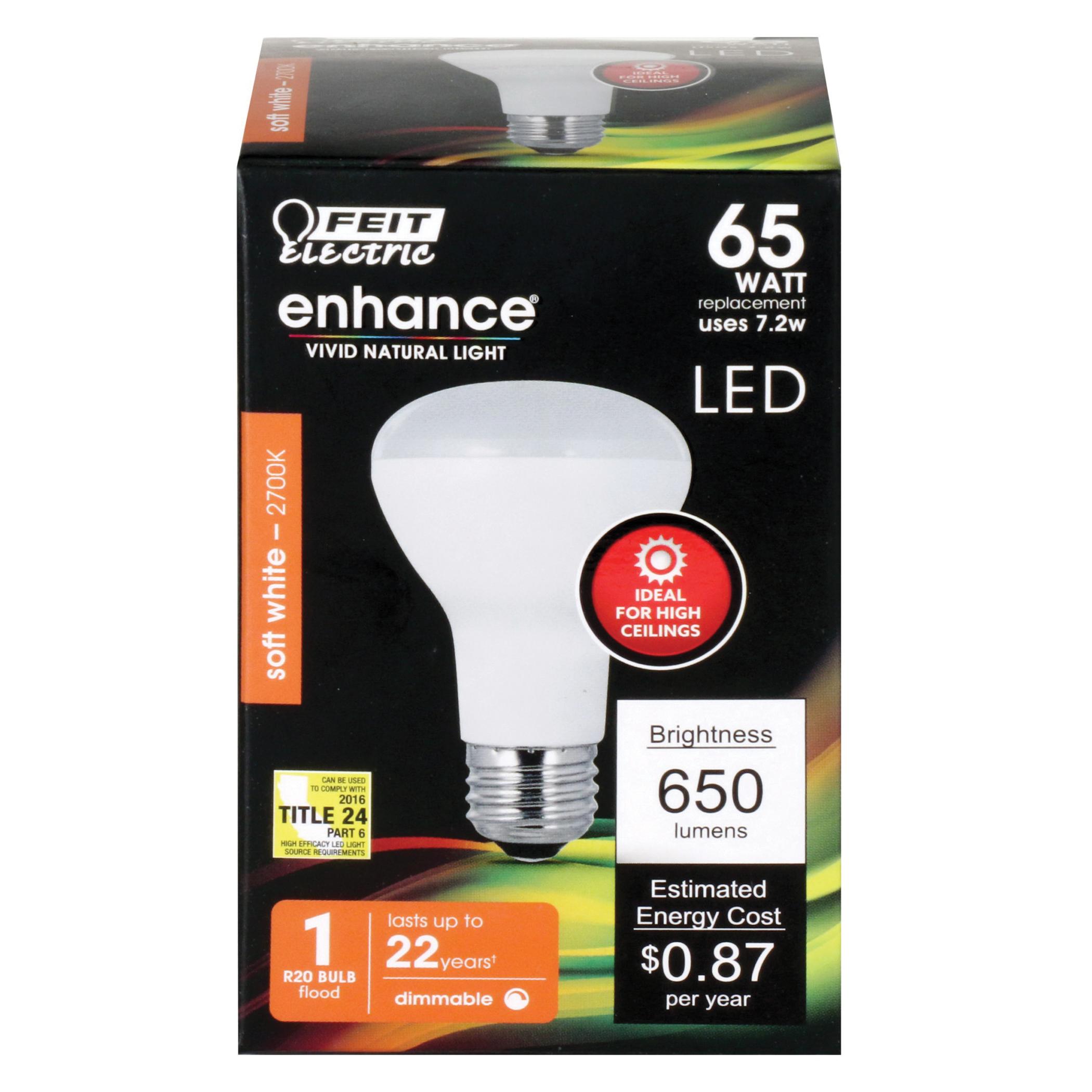 Feit Electric R20DMHO/927CA LED Light Bulb, Flood, Spotlight, R20 Lamp, 65 W Equivalent, E26 Lamp Base, Dimmable