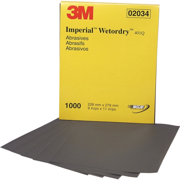 3M Wetordry Series 02034 Abrasive Sheet, 11 in L, 9 in W, 1000 Grit, Fine, Silicone Carbide Abrasive - 1