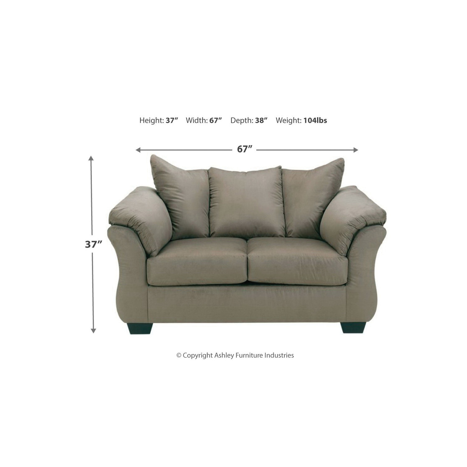 Ashley 7500535 Darcy Loveseat, 67 in W, 38 in D, 37 in H, Polyester Seat, Cobblestone
