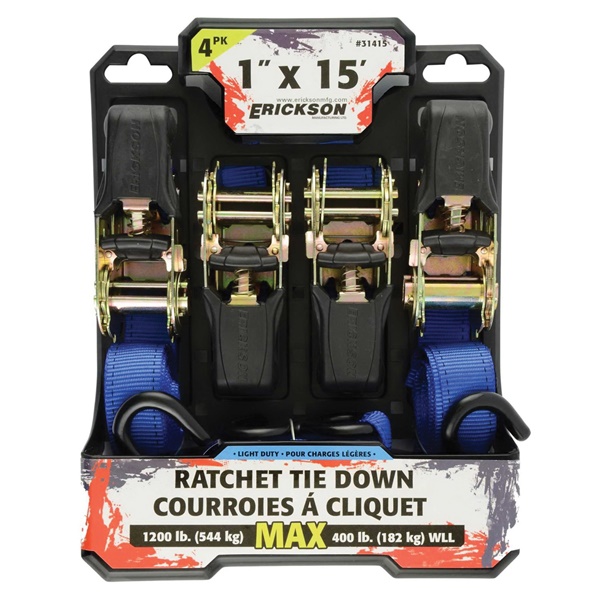 ERICKSON Ratcheting Tie-Down Strap - 1/4 Hooks - Nylon - 15' 01400