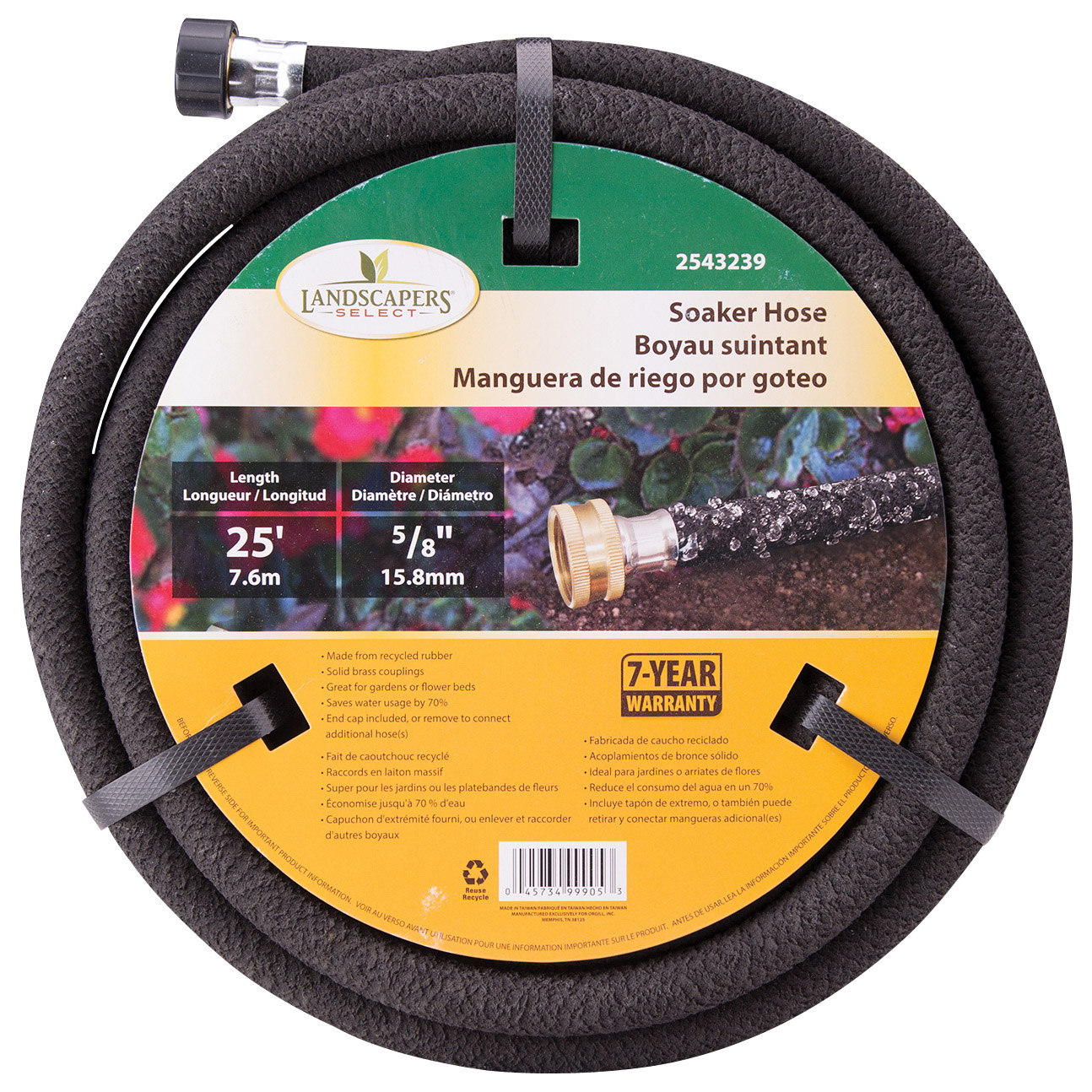 Landscapers Select HOSE-25-B-53L Soaker Hose, 25 ft L, Brass Male and Female Couplings, Rubber, Black - 1