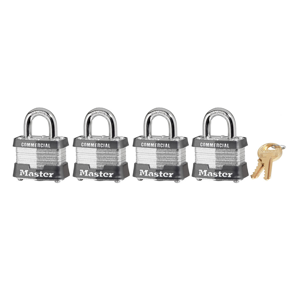Master Lock 3QCOM Padlock, 1-9/16 in W Body, Alike Key, Open Shackle, 9/32 in Dia Shackle, 3/4 in H Shackle, Steel Body